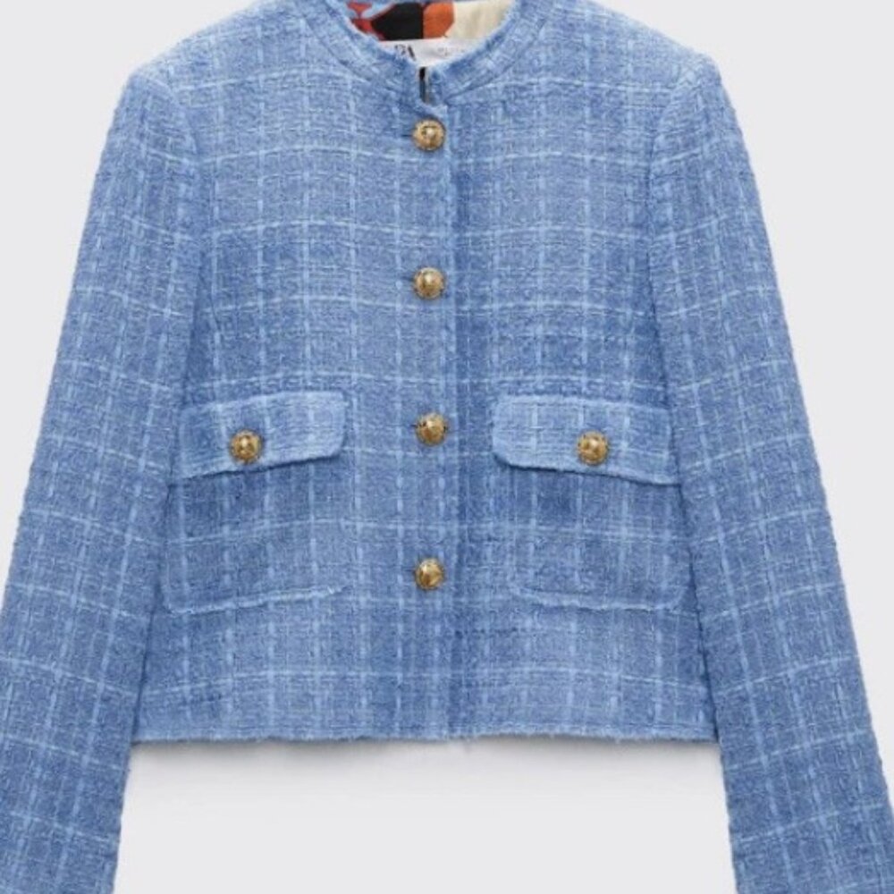 Zara Baby Blue Tweed Blazer with Gold Buttons